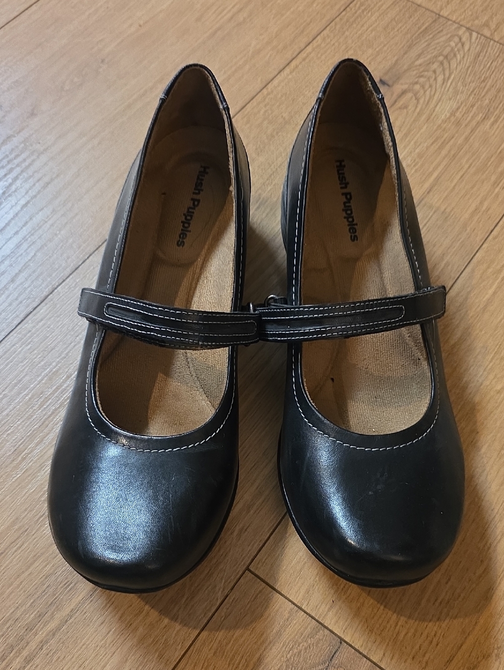 Hush Puppies Black Mary Jane Leather Flats with Strap Sz 9